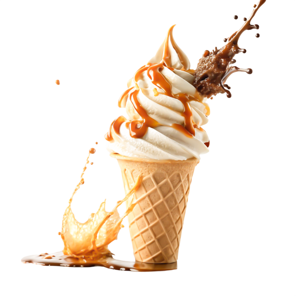 Delicious Caramel and Chocolate Ice Cream Cone with png