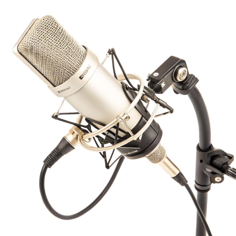 Professional Studio Condenser Microphone on Stand, Isolated White Background png