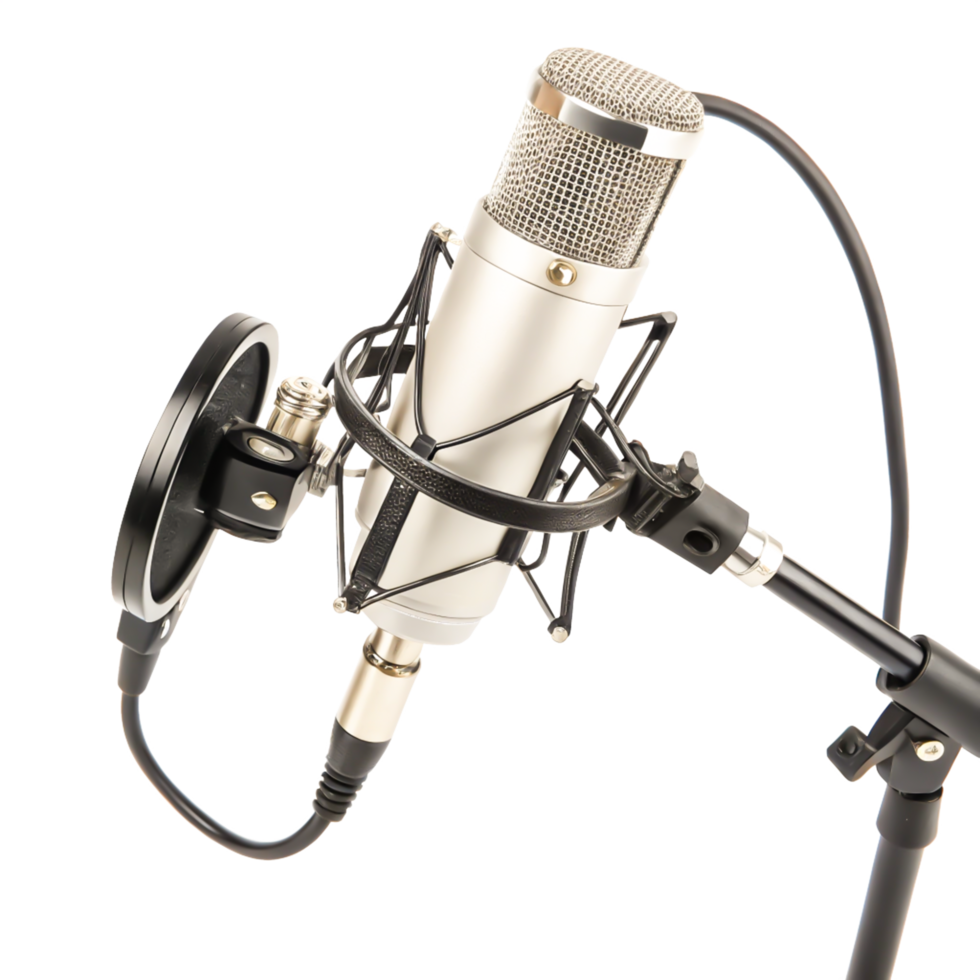 Professional Studio Condenser Microphone on Stand with Pop Filter, Isolated png