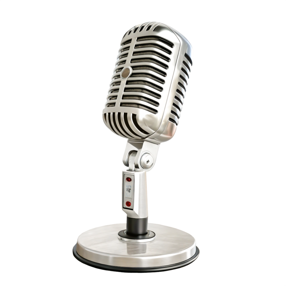 Retro Microphone 3D Render Vintage Metal Mic on Stand, Isolated White Background png