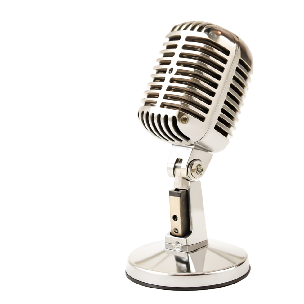 Retro Microphone, Vintage Studio Mic, Shiny Chrome Metal, Isolated on White Background png