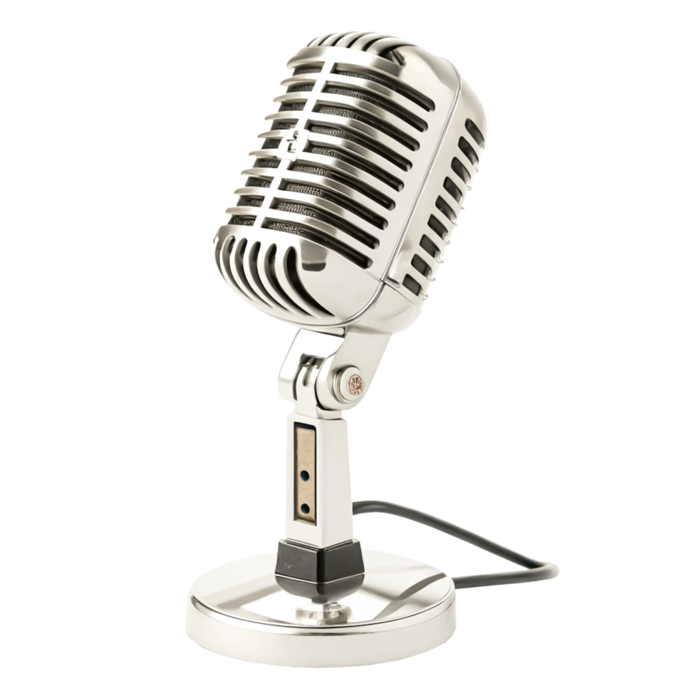 Vintage Silver Microphone Desk Stand, Retro Music Recording Studio Equipment png