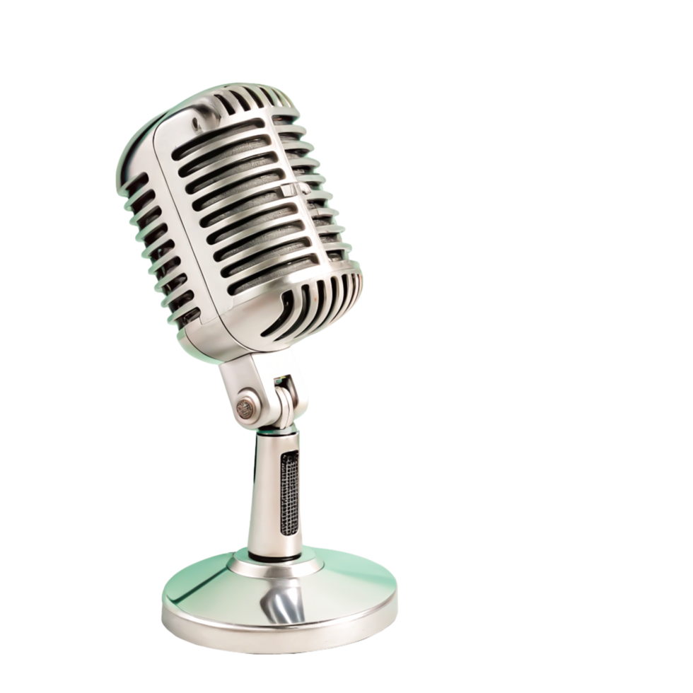 Vintage Silver Microphone on Stand, Retro Audio Equipment, Broadcast Design png