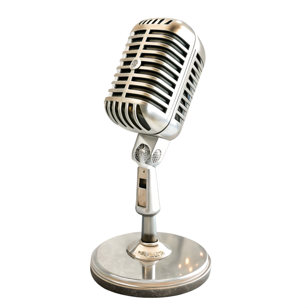 Vintage Silver Microphone on Stand, Retro Audio Equipment, Studio Recording Mic png
