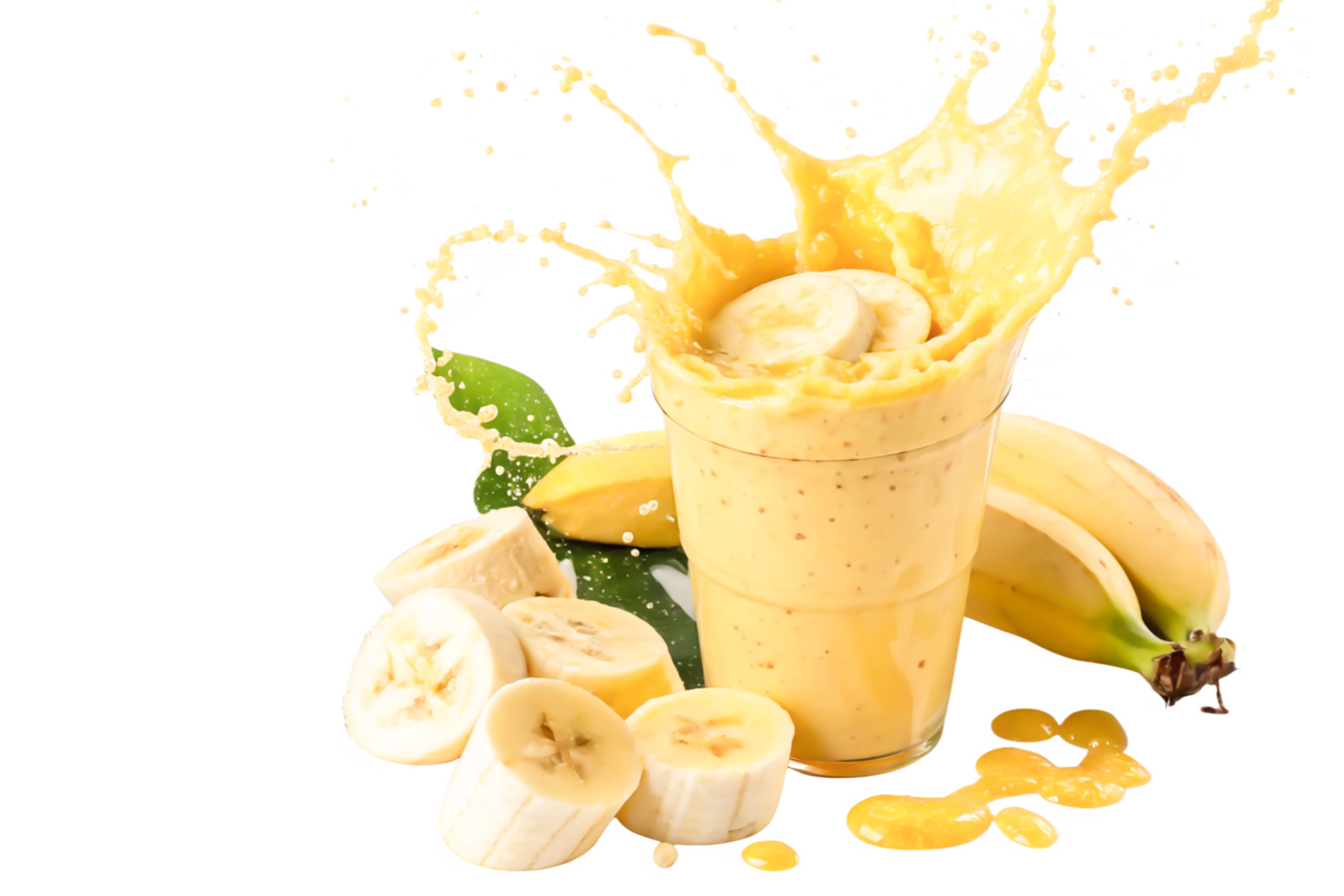 Delicious Banana Smoothie Splash in Glass with Fresh Fruit Slices png