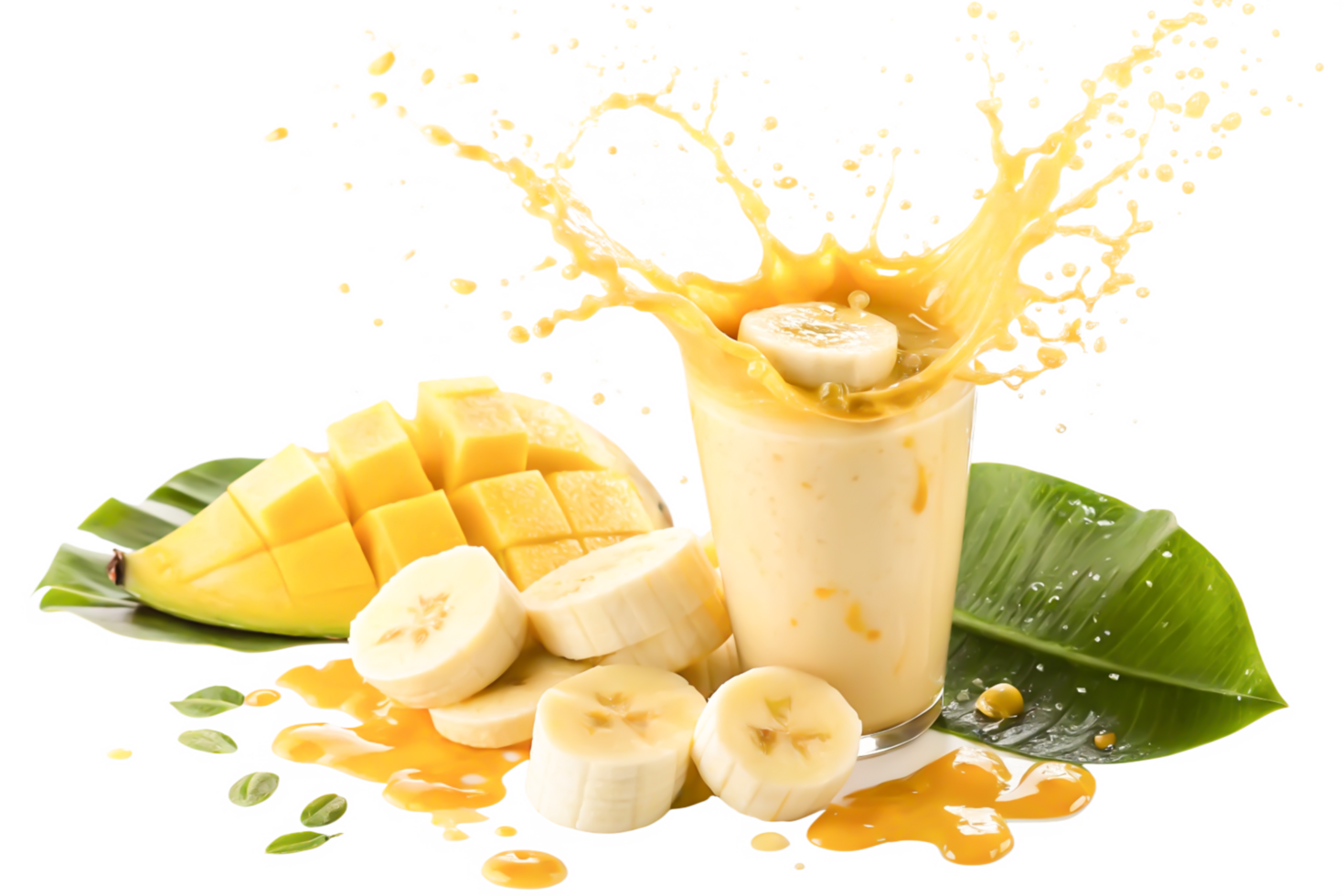 Delicious Mango Banana Smoothie Splash in Glass with Fresh Fruit png