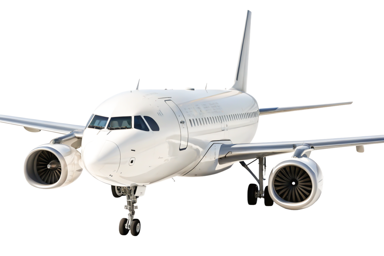 Modern White Airplane Isolated, Front View, Jet Engine Detail, Airliner png