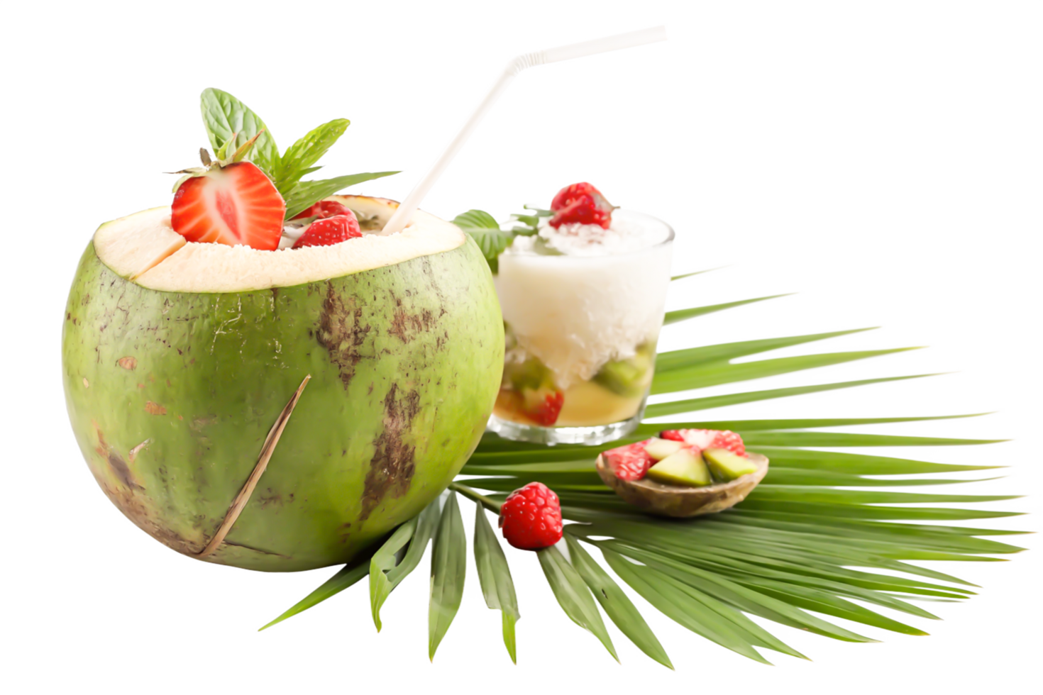 Refreshing Tropical Coconut Strawberry Drinks with Kiwi Garnish on Palm Leaf png