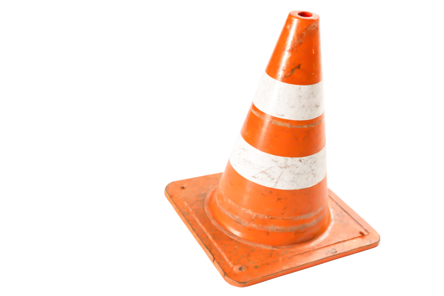 Worn Orange Traffic Cone with White Stripes, Isolated on Black Background png