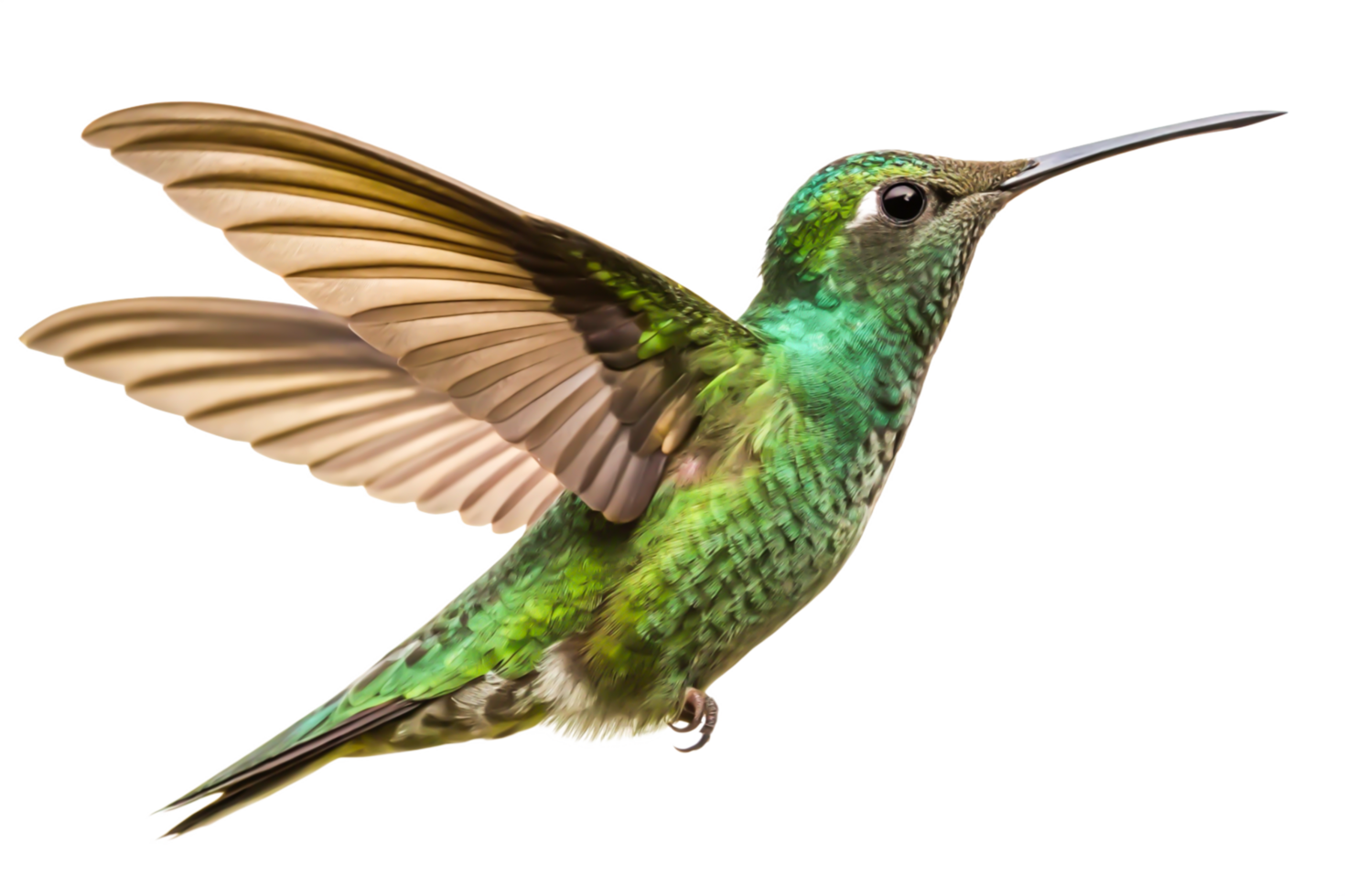 Vibrant Green Hummingbird in Flight, Detailed Illustration, Isolated on Black png