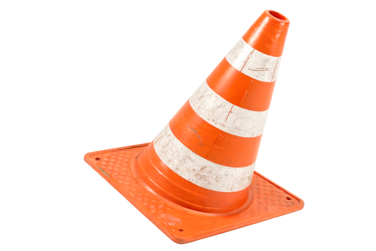Worn Orange Traffic Cone with White Stripes, Isolated on png