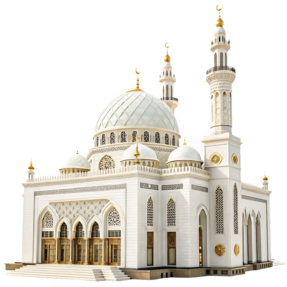 Stunning 3D Model of a White Mosque with Golden Accents Architectural Design png