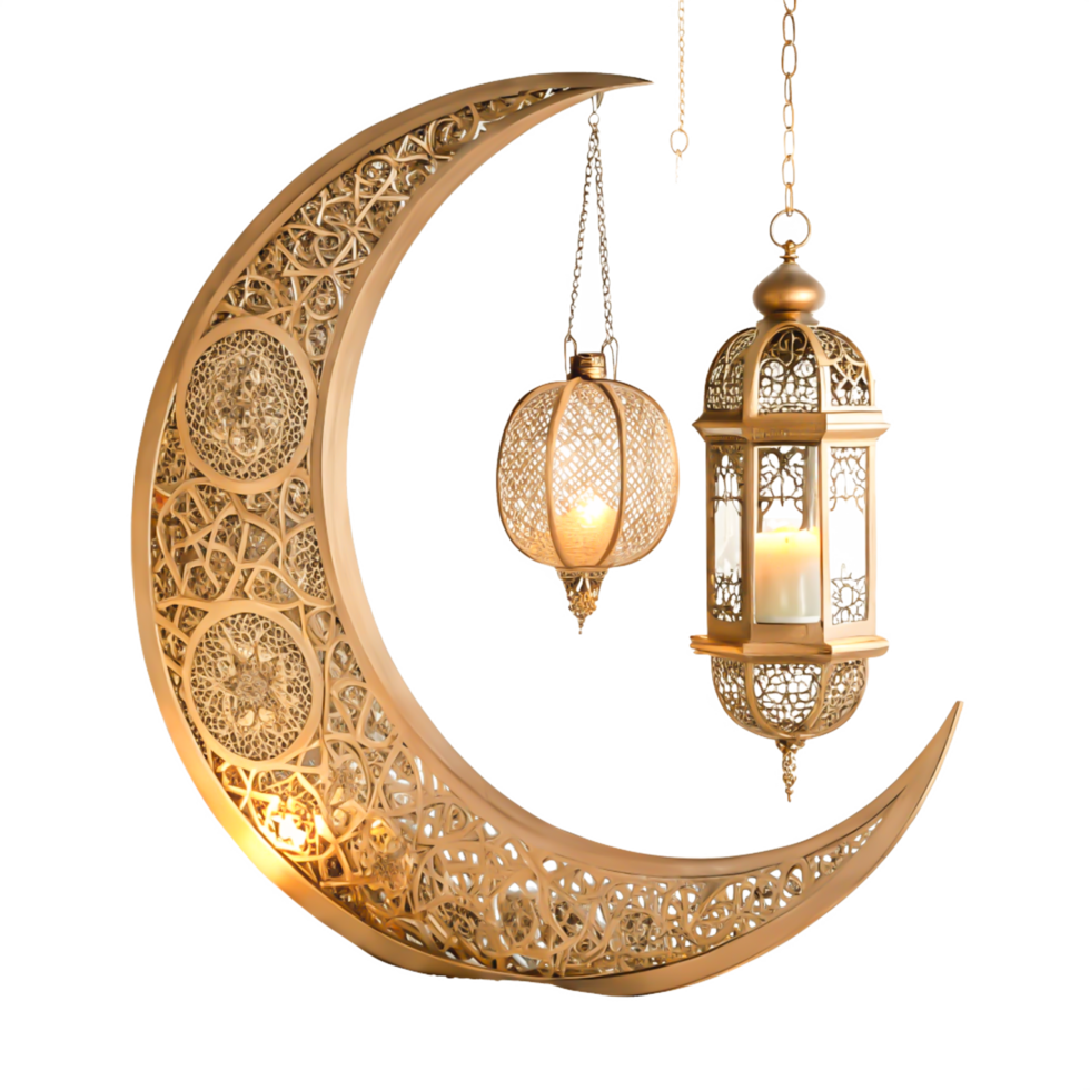 Ramadan Kareem Ornate Crescent Moon with Hanging Lanterns and Candles png
