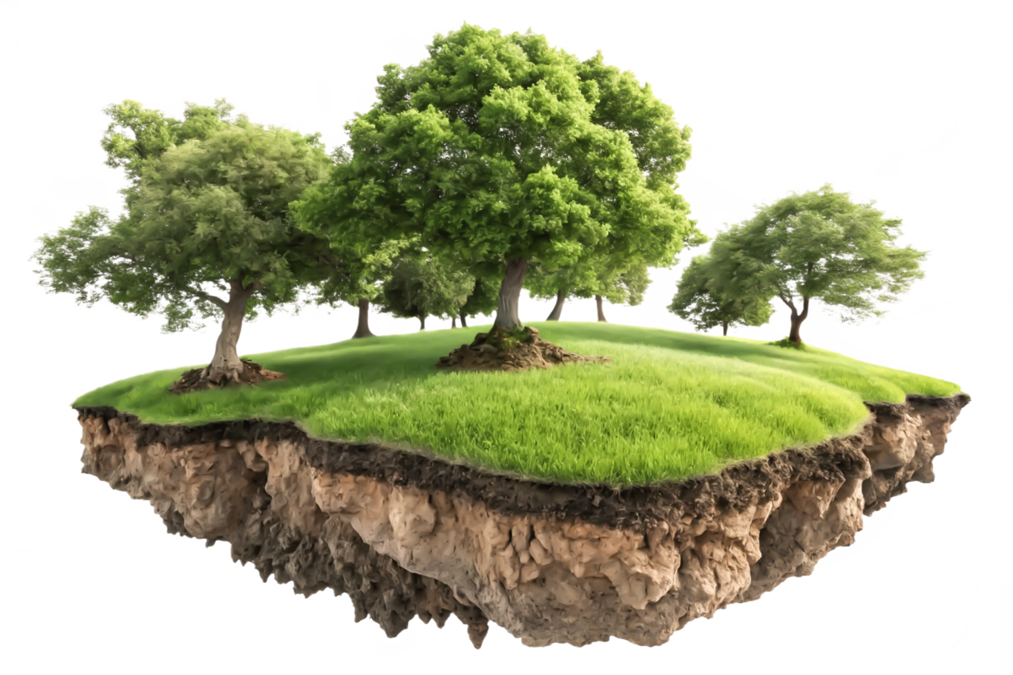 Floating Island with Lush Green Grass, Trees, and Rocky Cliff Edge png
