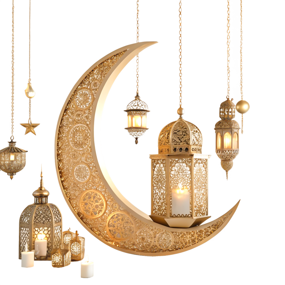Ramadan Kareem Golden Crescent Moon with Intricate Lanterns Candles png