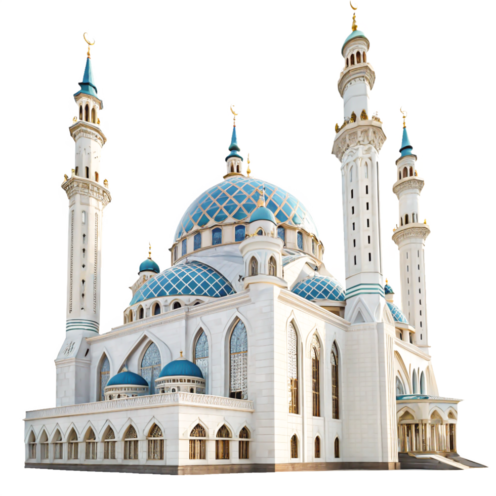 Stunning White Mosque with Blue Domes, Minarets, Islamic Architecture png