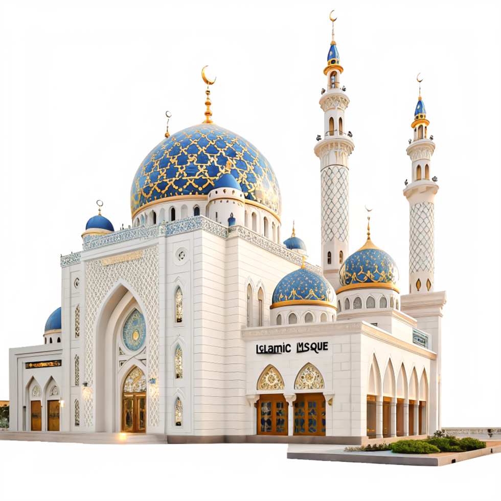 Stunning Islamic Mosque Architectural Design White, Blue Domes, Golden Accents png