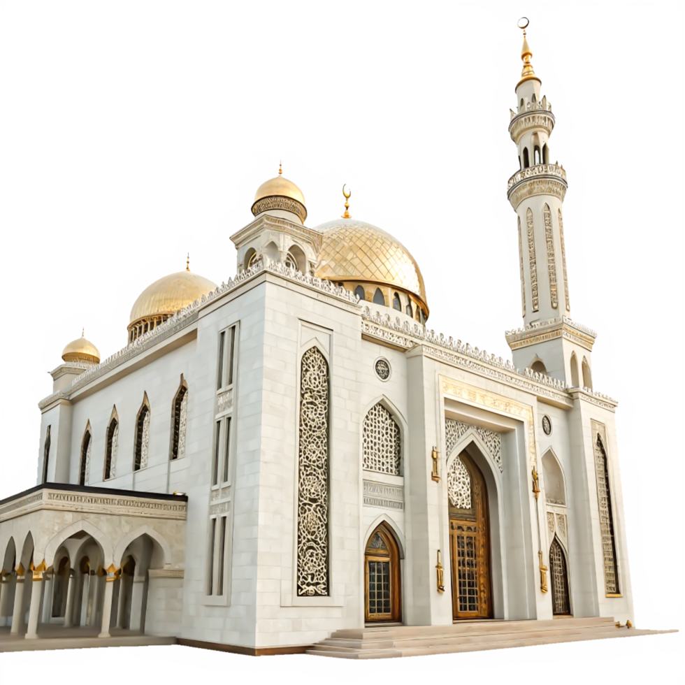 Majestic White Mosque with Golden Domes and Minaret Architectural Render png