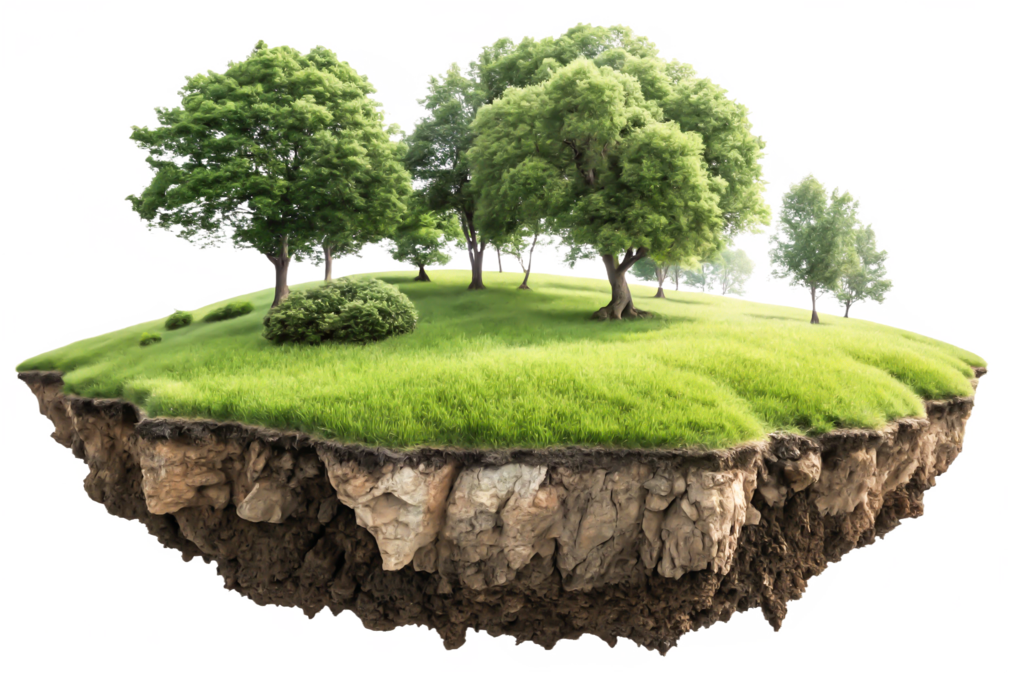 Floating Island with Lush Green Grass, Trees, and Exposed Soil Cliffs png