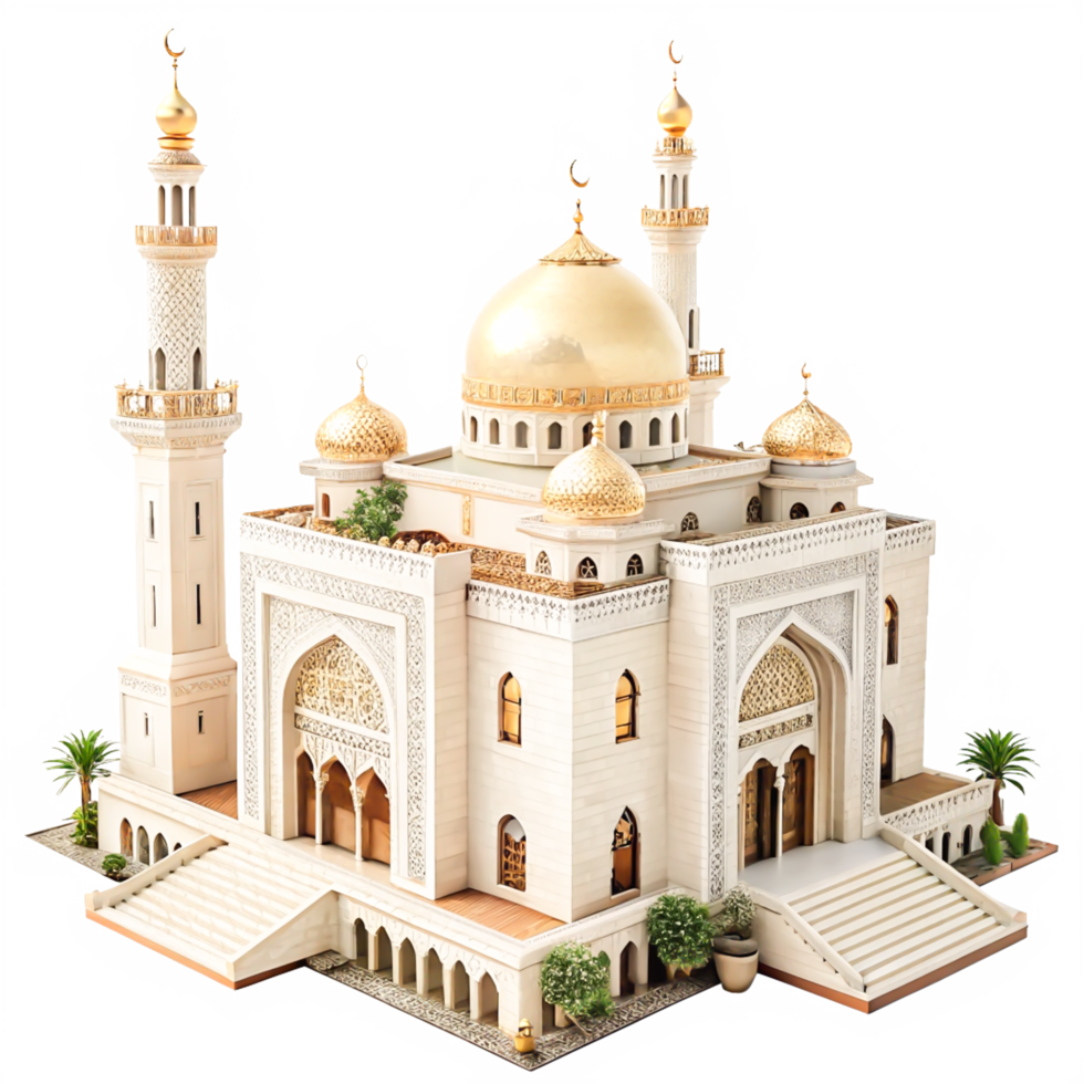 Stunning 3D Model of a Grand Mosque Islamic Architecture, Golden Domes, Minarets png