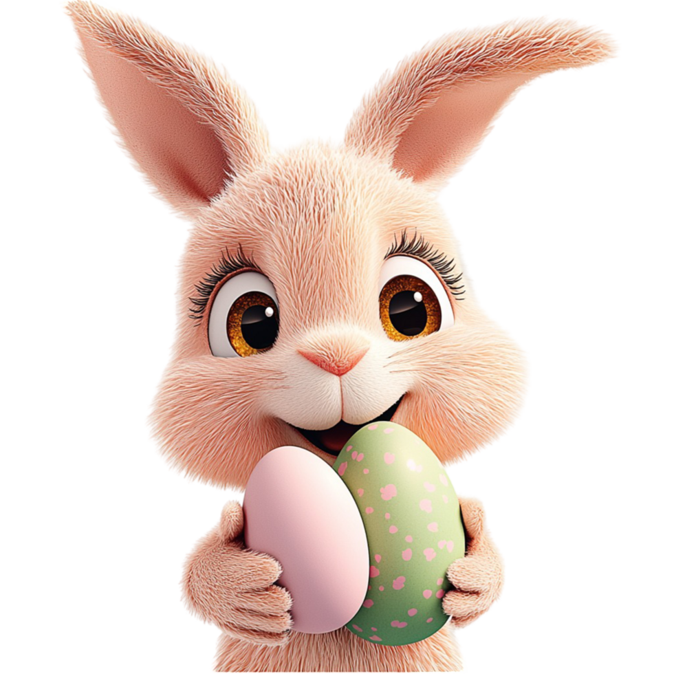 Happy Easter bunny holding colorful decorated eggs joyful excited expression png