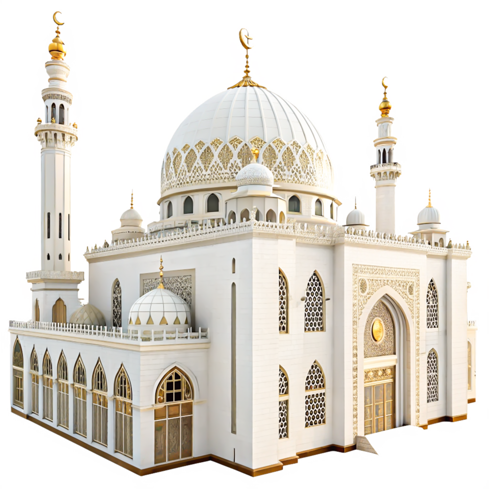 Stunning 3D Render of Elegant White Mosque with Golden Accents png