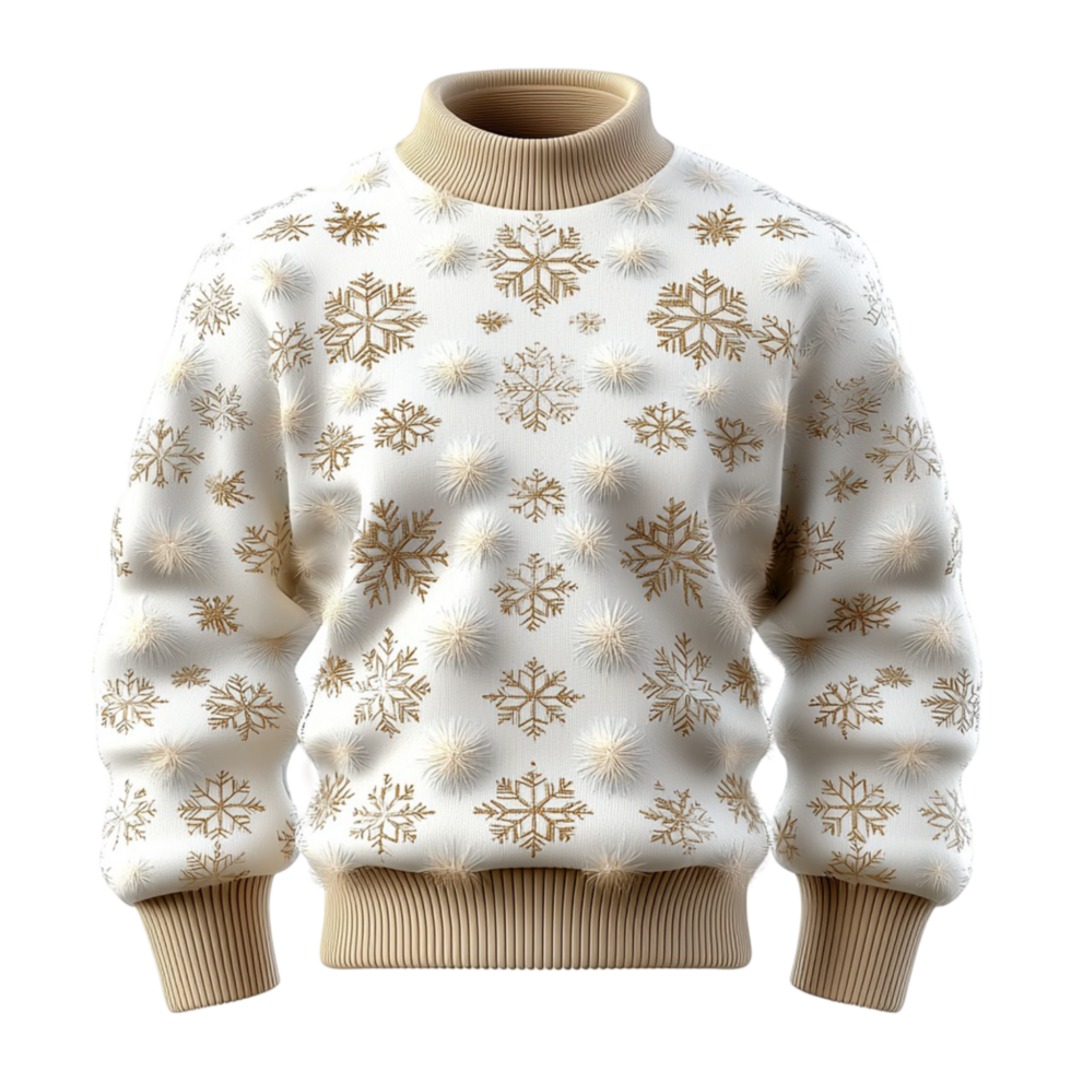 Cozy winter sweater soft beige fabric delicate golden snowflake pattern png