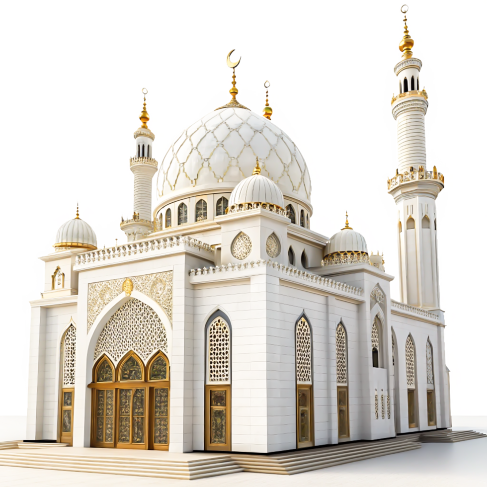 Stunning 3D Render of a Grand White Mosque with Golden Accents png