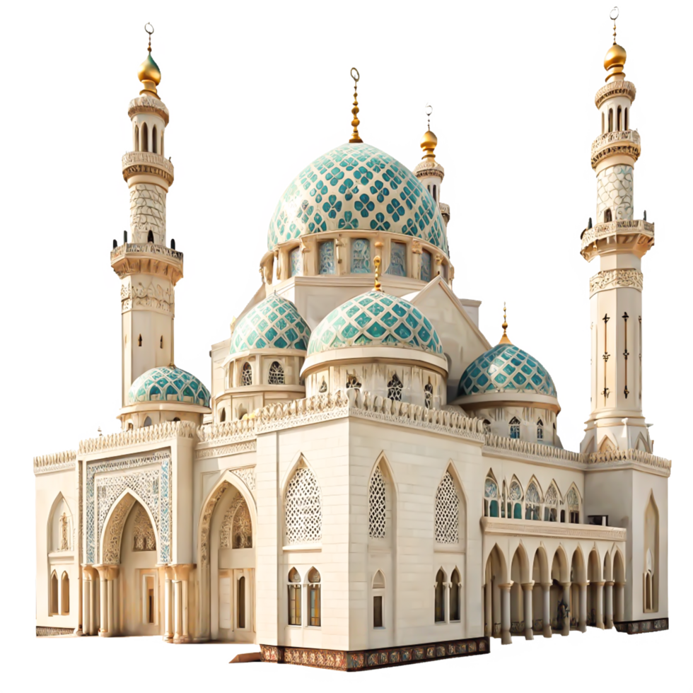 Stunning Islamic Mosque Architecture Teal Domes, Golden Minarets, White Walls png