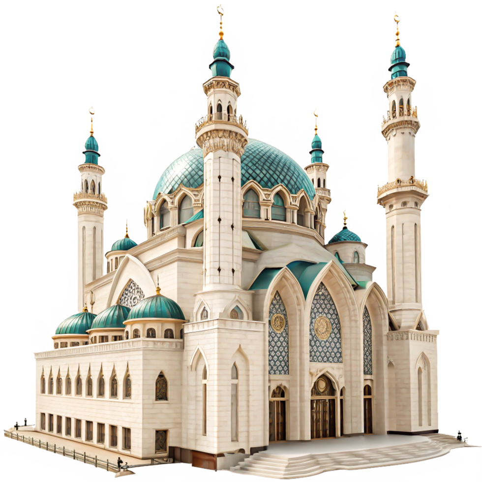 Stunning Architectural Design of a Modern Mosque with Teal Domes and Minarets png