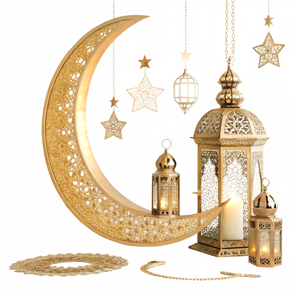 Ramadan Kareem Golden Crescent Moon, Stars, and Lanterns Festive Decoration png