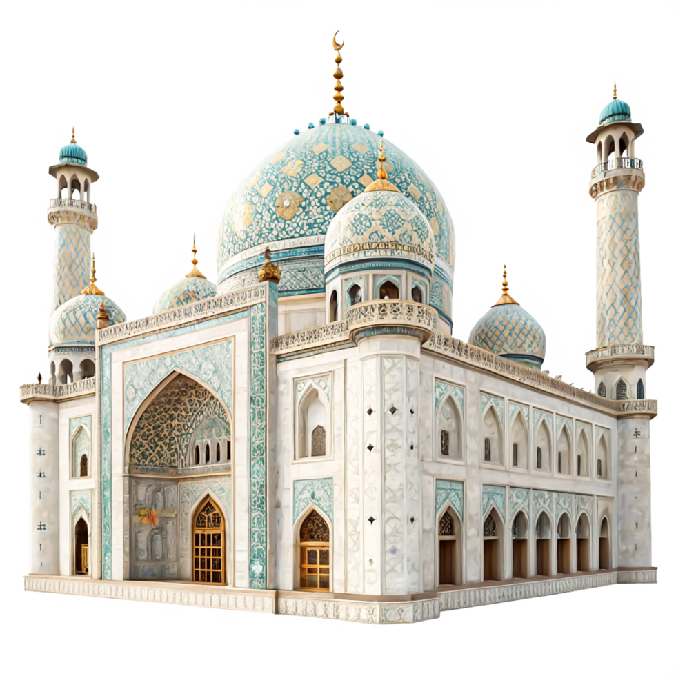 Stunning Architectural Model of a Grand Mosque with Teal Domes and Minarets png