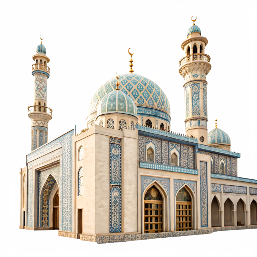 Stunning Architectural Design of a Modern Mosque with Blue Domes and Minarets png