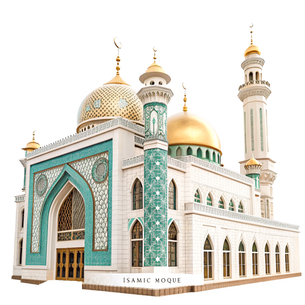 Stunning 3D Model of a Grand Islamic Mosque with Golden Domes and Teal Accents png