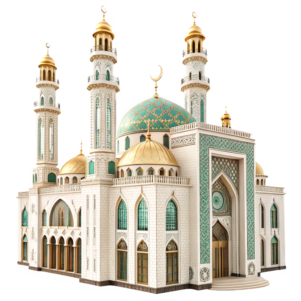 Stunning 3D Model of a Grand Mosque with Golden Domes and Teal Accents png