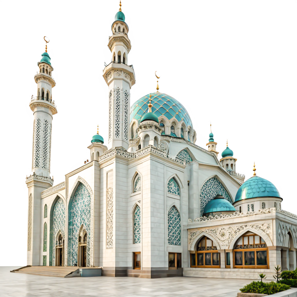 Stunning White Mosque with Teal Domes Architectural Photography png