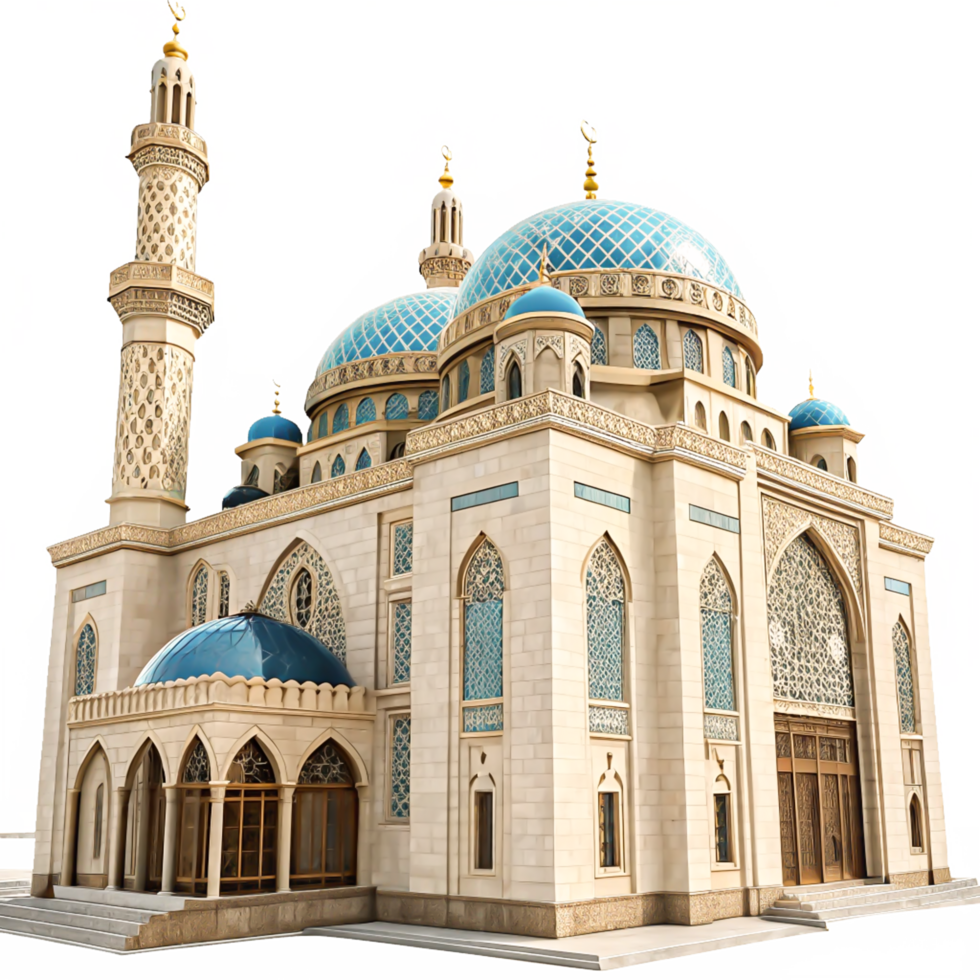 Stunning 3D Model of a Grand Islamic Mosque with Blue Domes and Minarets png