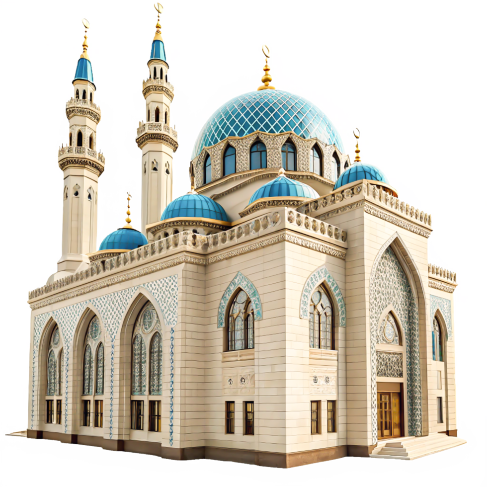 Stunning 3D Model of a Grand Mosque with Blue Domes png
