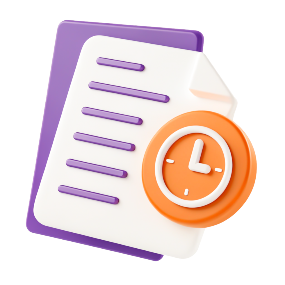 3D Render of Document with Clock Icon Time Management, Deadline Concept png