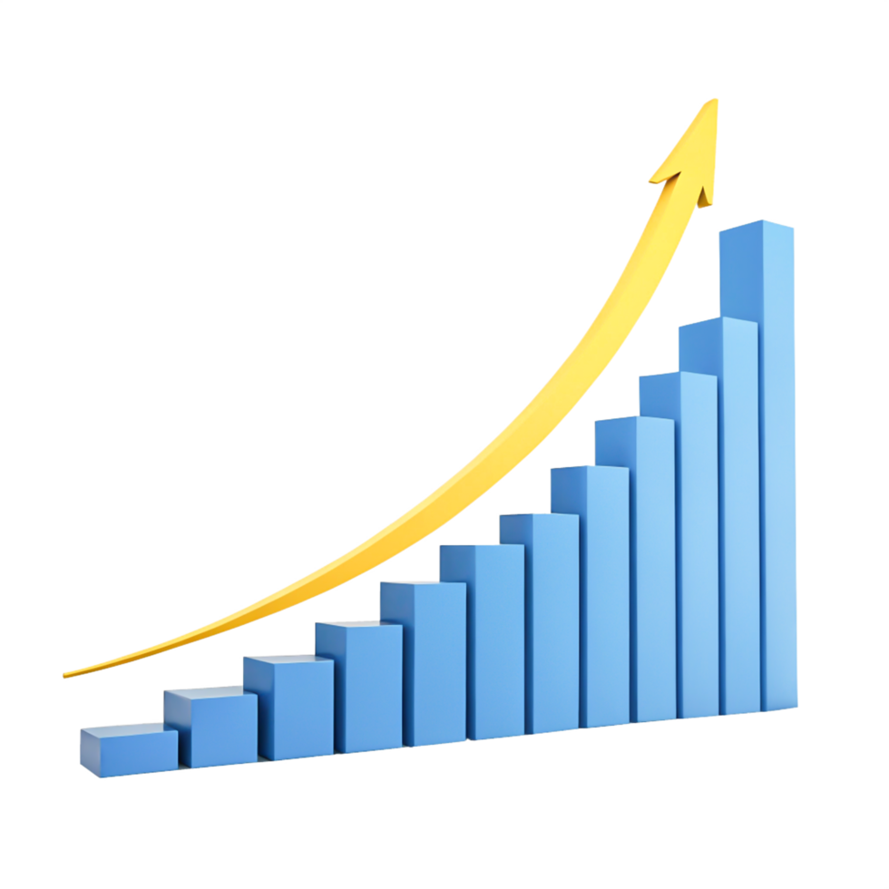 3D Render Blue Bar Graph Chart with Yellow Up Arrow Business Growth Success png