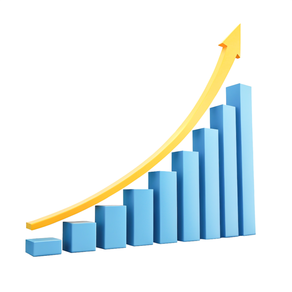 3D Blue Bar Graph Chart Showing Exponential Growth with Yellow Arrow png