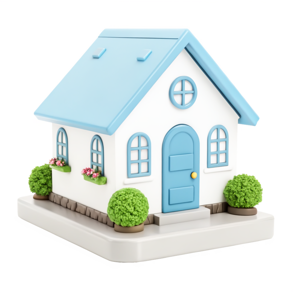 Adorable 3D Cartoon House Model Blue Roof, White Walls, Green Bushes png