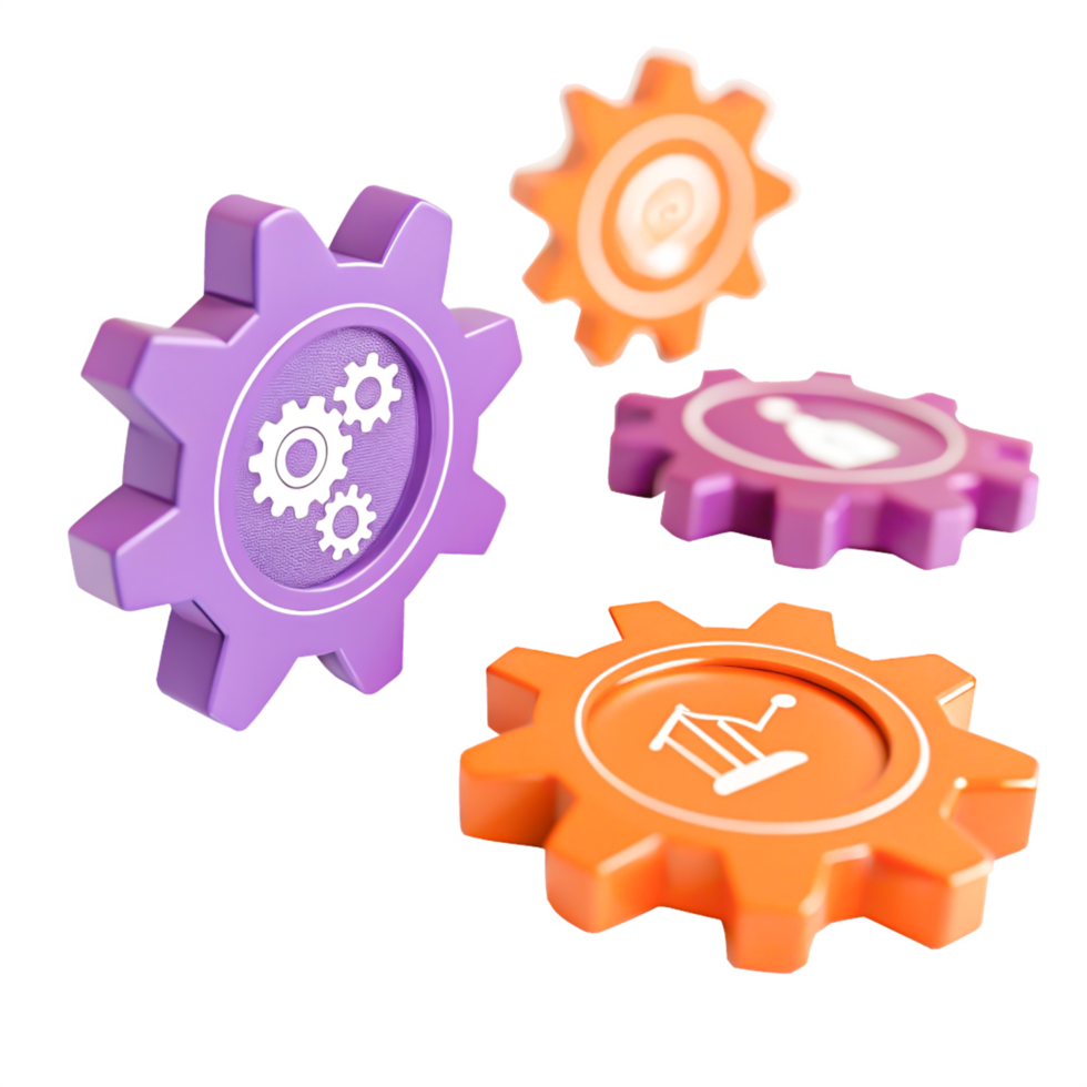 3D Colorful Interlocking Gears with Business Icons Teamwork, Strategy, and Data Analysis png