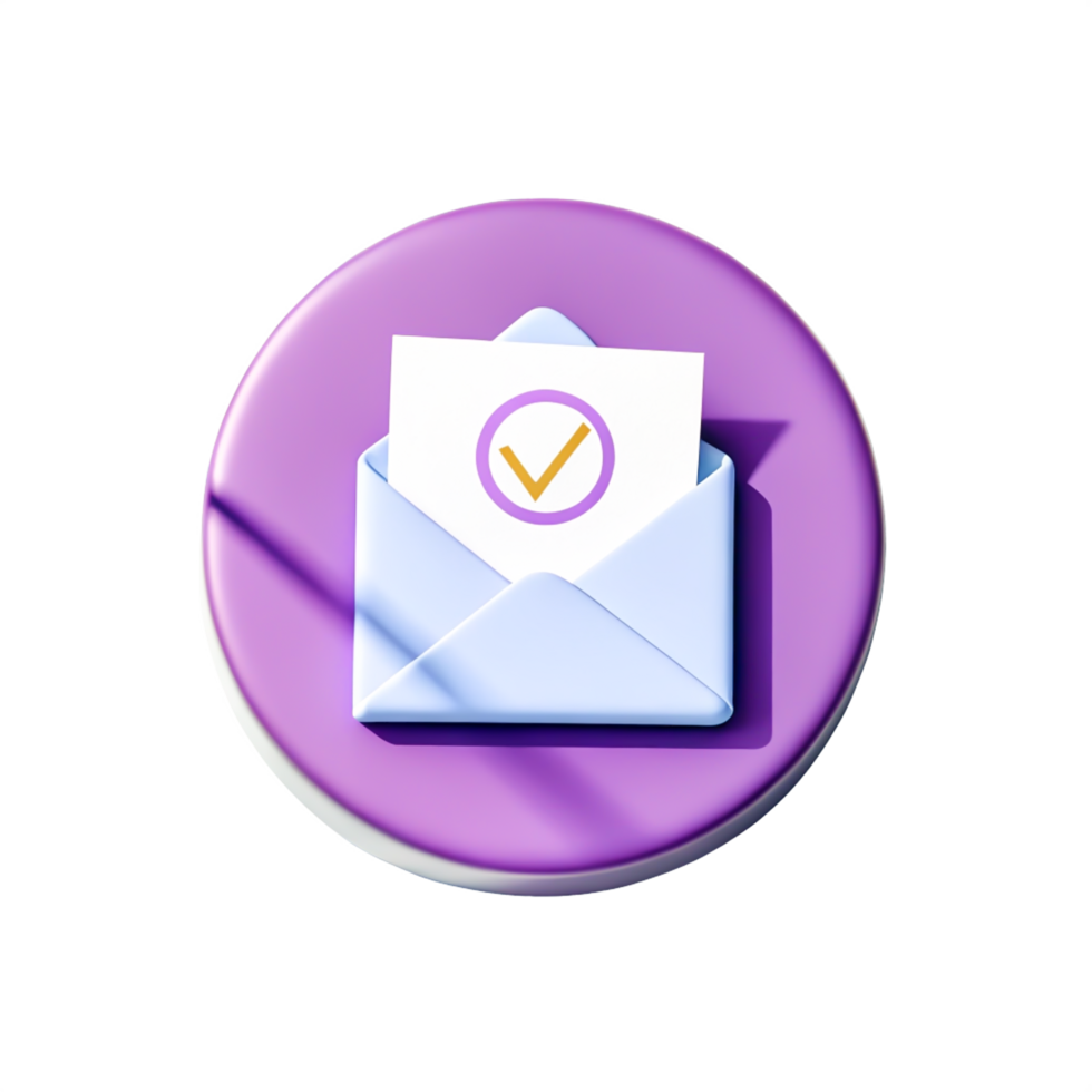 3D Render of Approved Email Icon, Confirmation Message, Check Mark in Envelope on Purple Circle png
