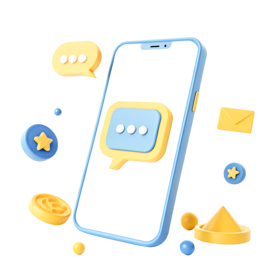 3D Render of Smartphone with Chat Bubbles, Email, and Rating Stars png