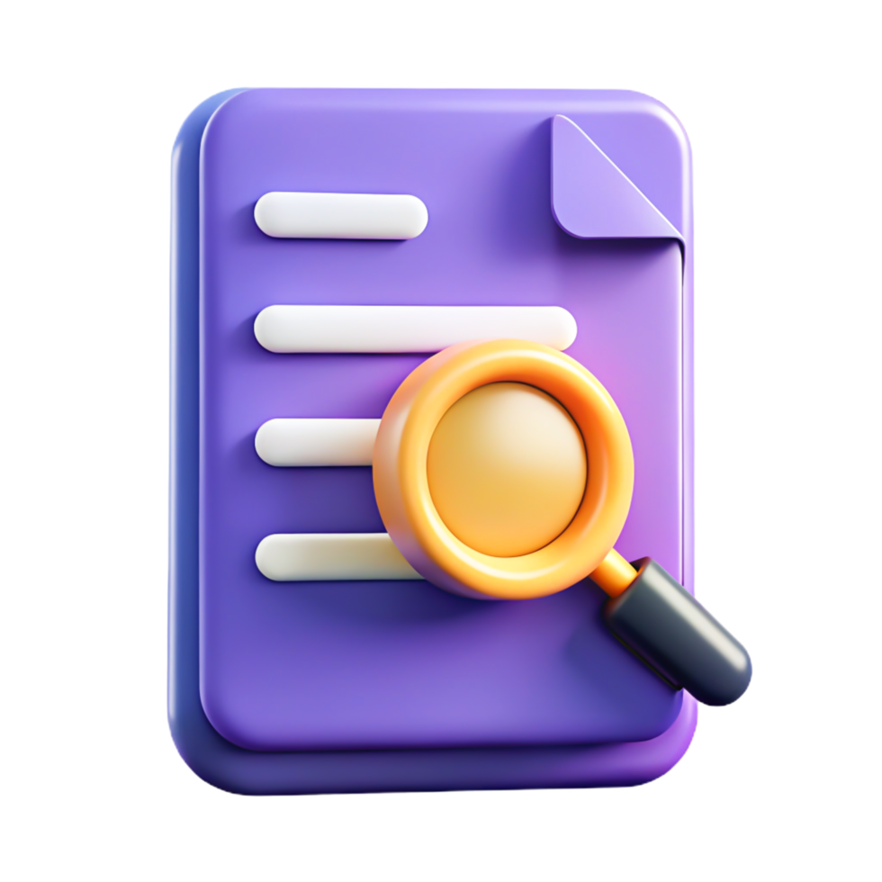 3D Render of Purple Document with Magnifying Glass Search, Data Analysis Icon png