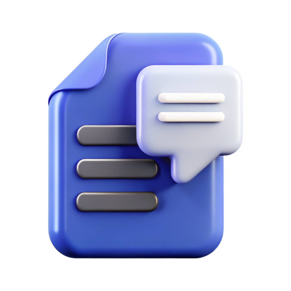 3D Render of Blue Document File Icon with Chat Bubble for Communication png