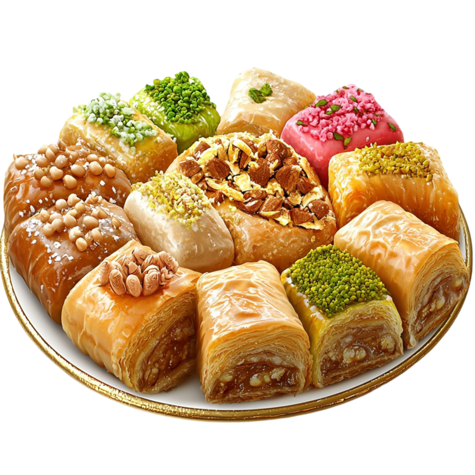 Delicious plate of assorted baklava pastries crispy sweet layers png