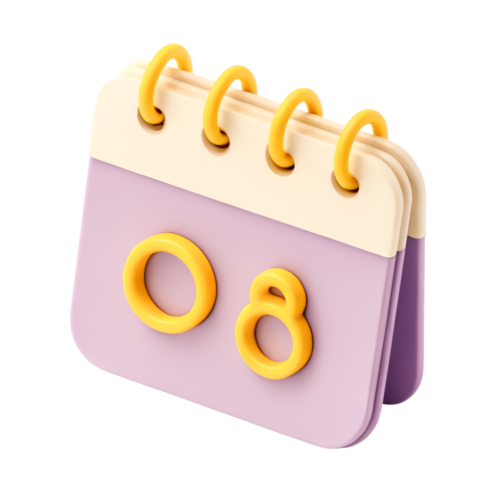 Cute 3D Render of a Calendar Icon Showing the 8th, Purple and Yellow png