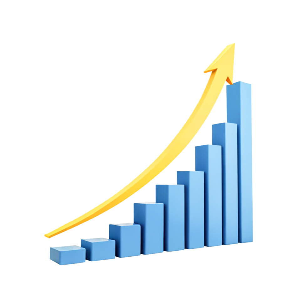 3D Render of Ascending Blue Bar Graph with Yellow Growth Arrow - Business Success png